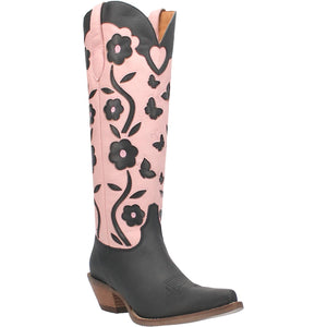 Goodness Gracious Baby Pink/Black Retro Floral & Butterfly Leather Knee High Boots (DS)