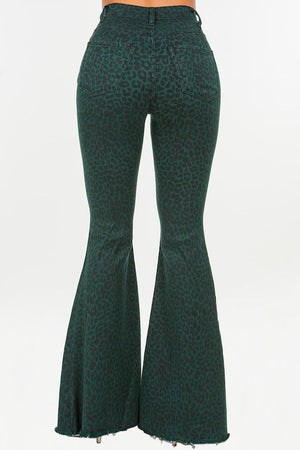 Spot Me Pine Green Leopard Print Bell Bottom Jeans ~ SAMPLE SALE
