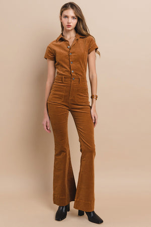 Lucky Charm Caramel Brown Corduroy Bell Bottom Flare Jumpsuit