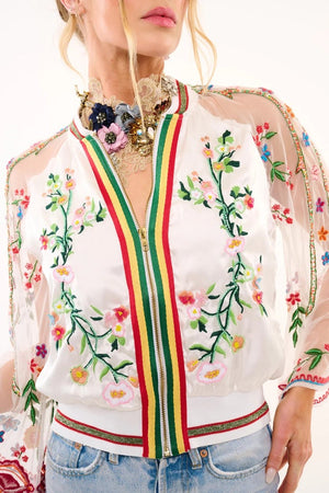 So Daphne Embroidered & Bead Embellished Mesh Bell Sleeve Drama Bomber Jacket