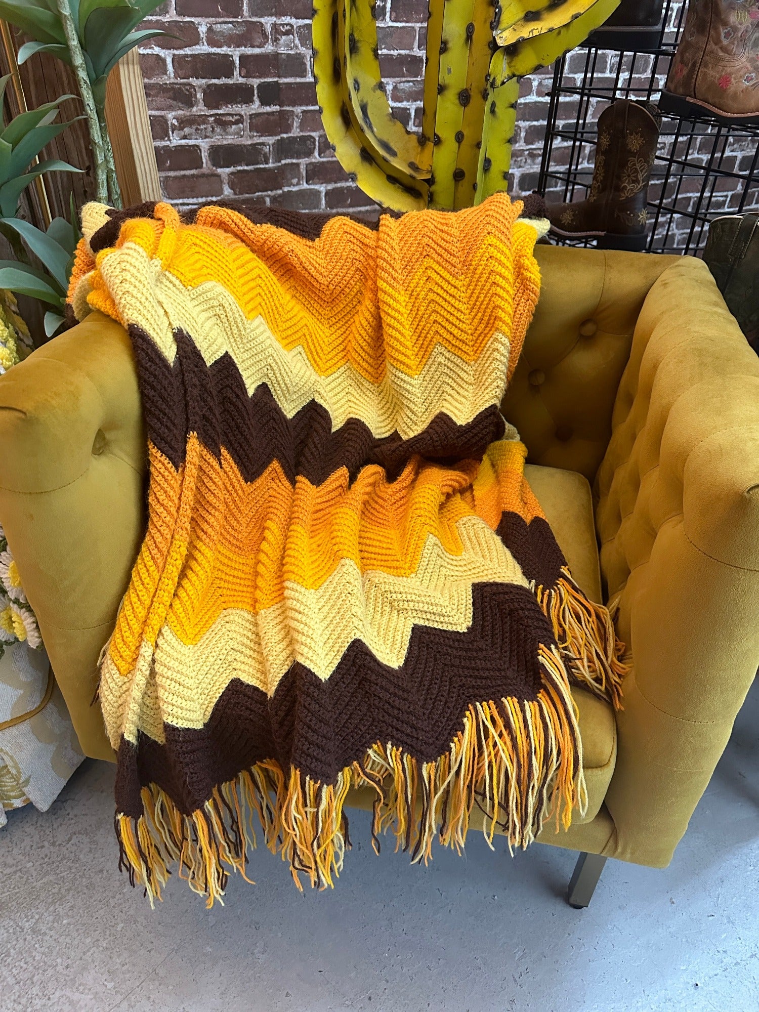 Vintage Grandmother's Handmade Crochet Afghan ~ Yellow/Brown/Orange Mix Zig Zag Chevron Stripe