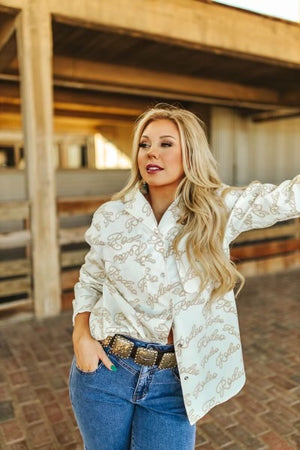 Ridin' The Rodeo Rope Cursive Pearl Snap Button Up Blouse - PREORDER 5/6