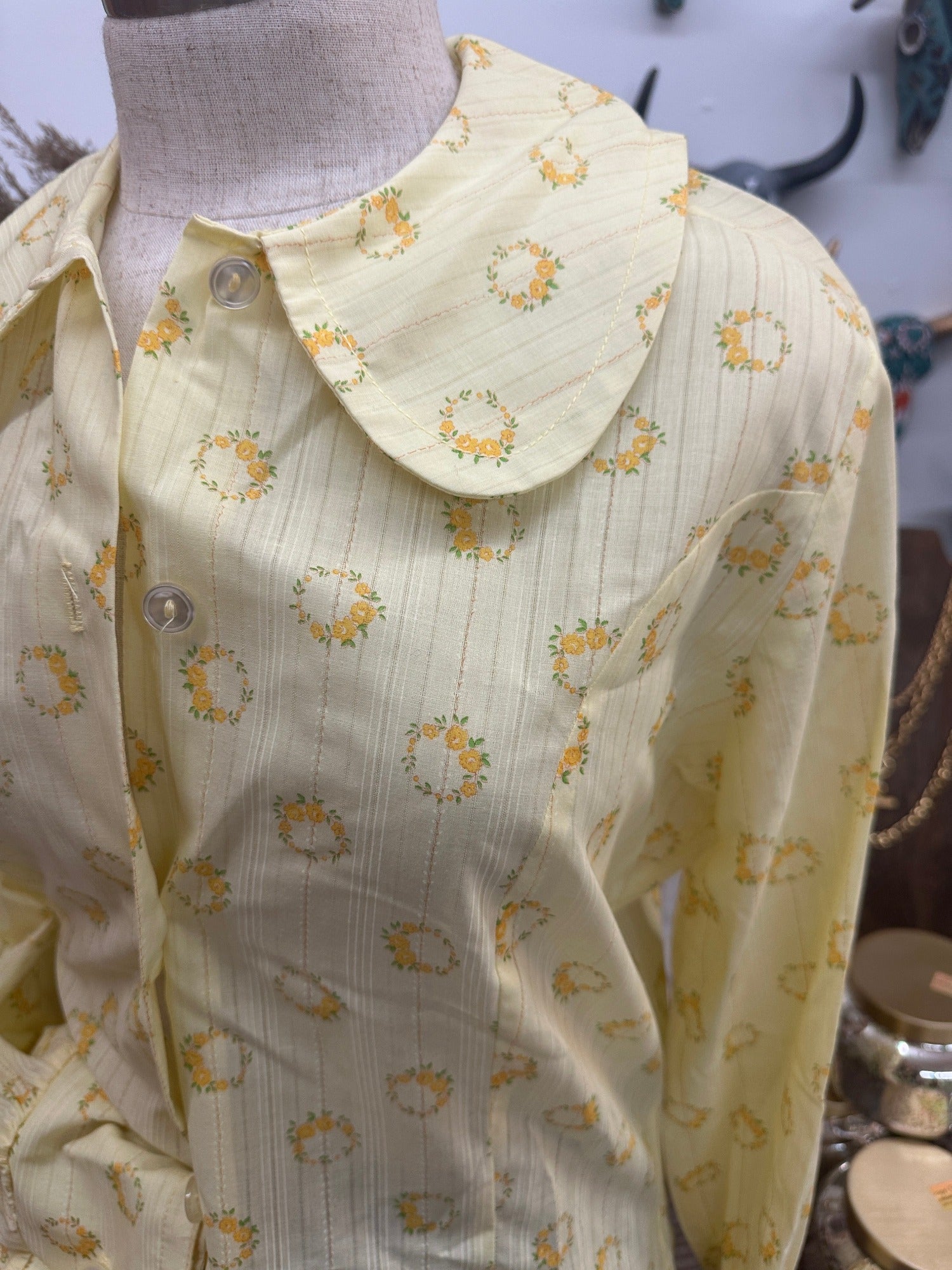 Carol Brent Baby Yellow Floral Wreath Design Vintage Button Up Blouse - Size M/L - 6/8/10
