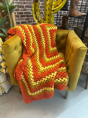 Vintage Grandmother's Handmade Crochet Afghan ~ Multi Orange Mix Square Design