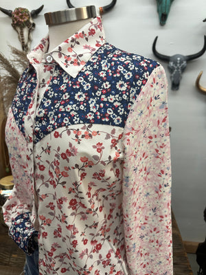 I Can Still Make Cheyenne Satin Patchwork Floral Print Pearl Snap Button Up Blouse