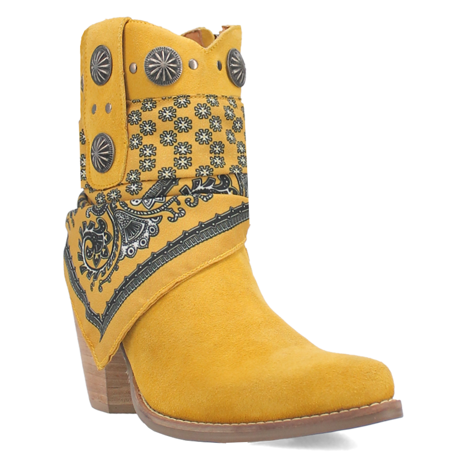 Bandida Yellow Suede Silver Concho Bandana Wrapped Booties (DS)