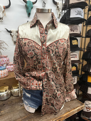 Whiskey Lullaby Satin Paisley Floral Print Fringe Sleeve Pearl Snap Button Up Blouse