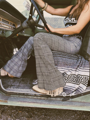 Steppin' Stone Houndstooth Plaid Print Bell Bottom Flare Pants
