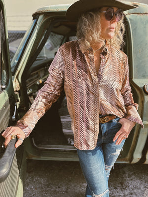 All Fired Up Ombre Burnout Velvet Button Up Blouse
