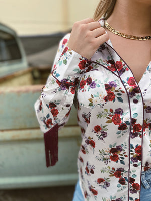 Maybe It Was Memphis Fringe Satin Floral Print Pearl Snap Button Up Blouse