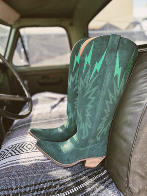 Thunder Road Green Suede Lightning Bolt Leather Boots (DS) ~ BACKORDER 7/1/24
