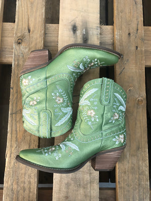 Primrose Green Metallic Leather Boots w/ Stitched Floral Designs ~ Size 10 ~ SAMPLE SALE