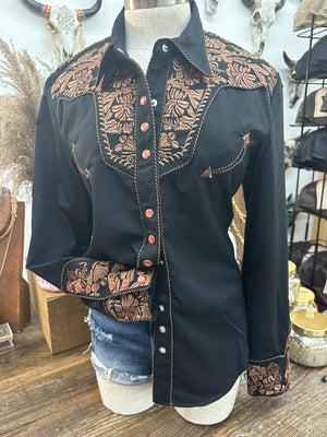 The Closer You Get Embroidered Floral Pearl Snap Button Up Blouse