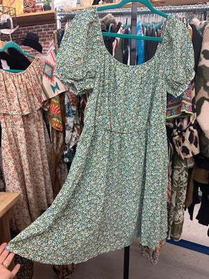 Boho Floral Print Pouf Sleeve Sundress Kelly Green Mix - Size XL