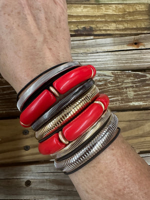 Red Hot Retreat Red, Black, Silver & Gold 17pc Stretchy Bracelet Set