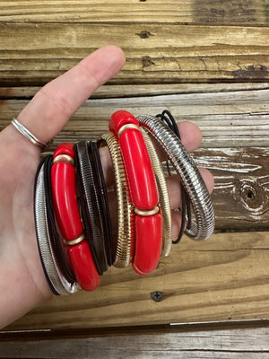 Red Hot Retreat Red, Black, Silver & Gold 17pc Stretchy Bracelet Set