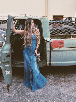 Right Down The Line Button Front Denim Maxi Dress