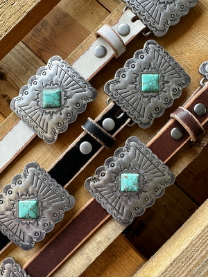 Toledo Turquoise Stone Etched Silver Rectangle Concho Belt