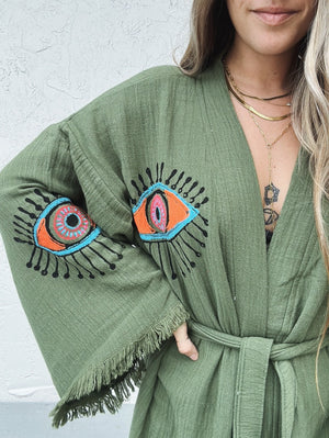 Olive-R Twist One Of A Kind Hand Painted Evil Eye Kaftan Robe ~ MADE TO ORDER