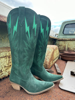 Thunder Road Green Suede Lightning Bolt Leather Boots (DS) ~ BACKORDER July 2024