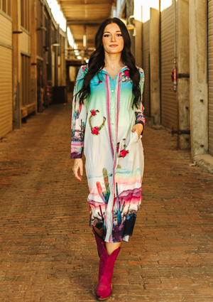 Honky Tonk Angel Cactus Ombre Cowgirl Button Down Maxi Shirt/Dress