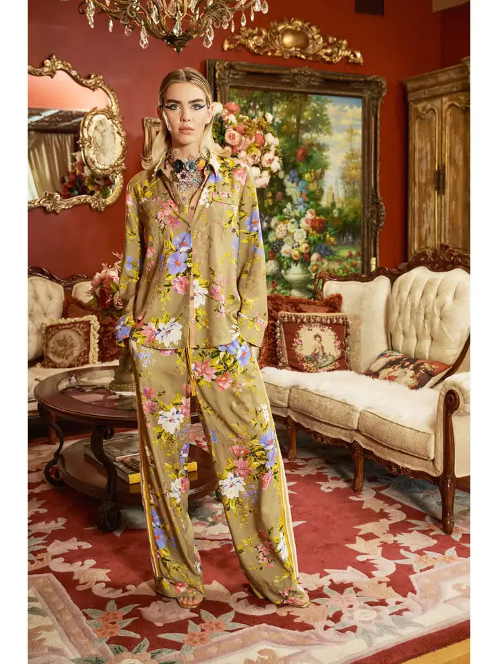 Autumn in LA Metallic Leopard Floral Sequin Embellished Button Up Shirt & Pants Set - Sold Separately - PREORDER