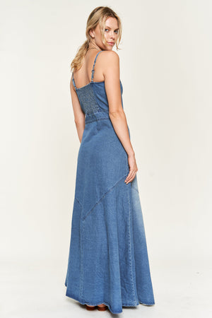 Right Down The Line Button Front Denim Maxi Dress