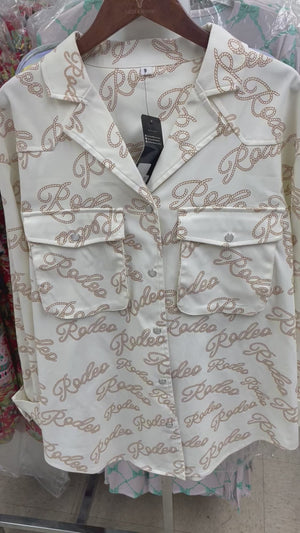 Ridin' The Rodeo Rope Cursive Pearl Snap Button Up Blouse