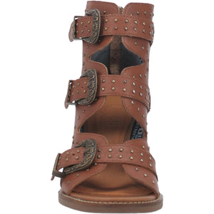 Ziggy Dark Tan Studded Western Buckle Strap Leather Sandal Bootie (DS)