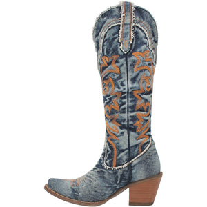Texas Tornado Distressed Denim Embroidered Knee High Boots (DS)