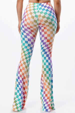 Fantasy Fest Multi Color Checkerboard Print Bell Bottom Flare Pants
