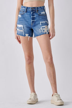 Mom's The Word Distressed Denim Shorts