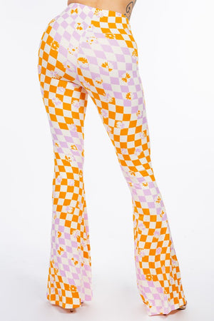 Magical Mystery Tour Floral Checkerboard Print Bell Bottom Flare Pants
