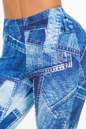 Forever In Blue Jeans Denim Patchwork Print Bell Bottom Flare Pants