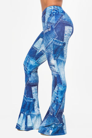 Forever In Blue Jeans Denim Patchwork Print Bell Bottom Flare Pants