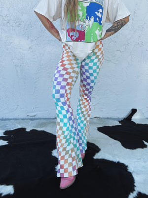 Fantasy Fest Multi Color Checkerboard Print Bell Bottom Flare Pants