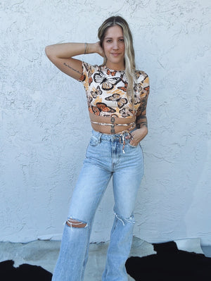 Spread Your Wings Butterfly Print Strappy Back Cropped Tee