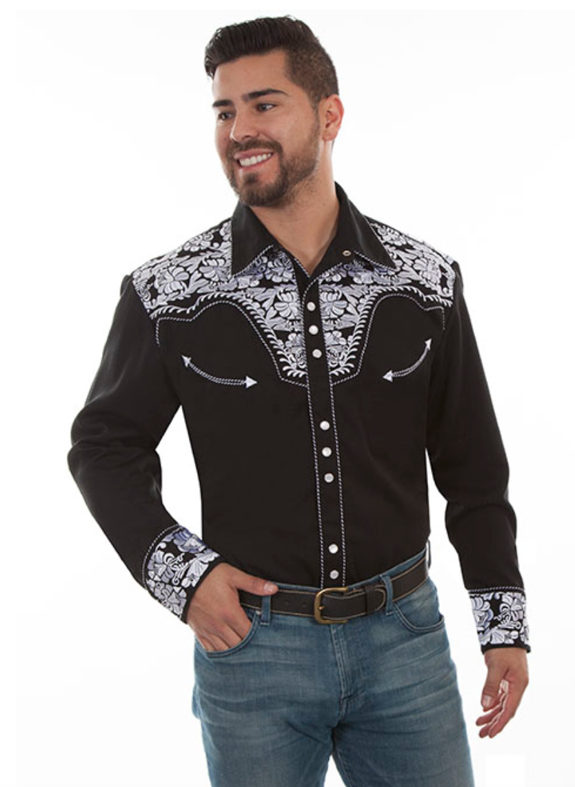 Scully Men's Black & White Floral Tooled Embroidery Pearl Snap Shirt (DS)