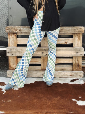 Check Me Out Multi Color Checkerboard Print Bell Bottom Flare Pants