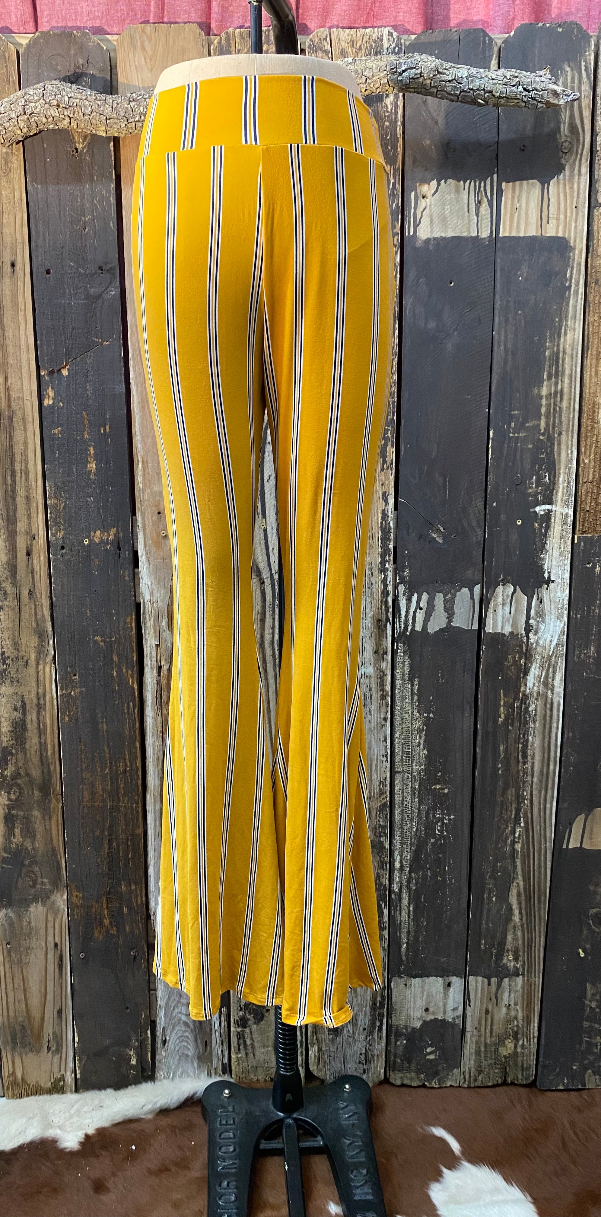 Mustard & Navy Stripe Bell Bottoms ~ Size M ~ Queen Bee’s Closet #562