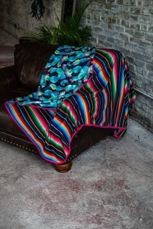 "Ole Cuddled Up" Two-Toned Fuzzy Fleece Patterned Blanket ~ Baja Stripe/Cactus Print