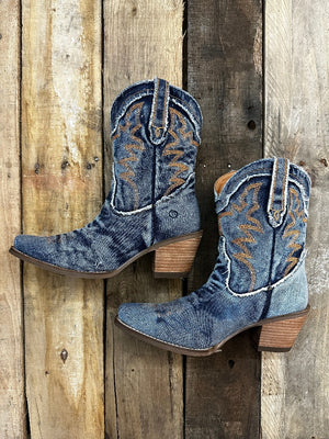 Y'all Need Dolly Distressed Denim Embroidered Boots (DS)