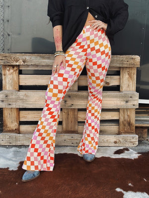 Check Me Out Multi Color Checkerboard Print Bell Bottom Flare Pants