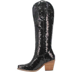 Dance Hall Queen Black Sequin Knee High Boots (DS)