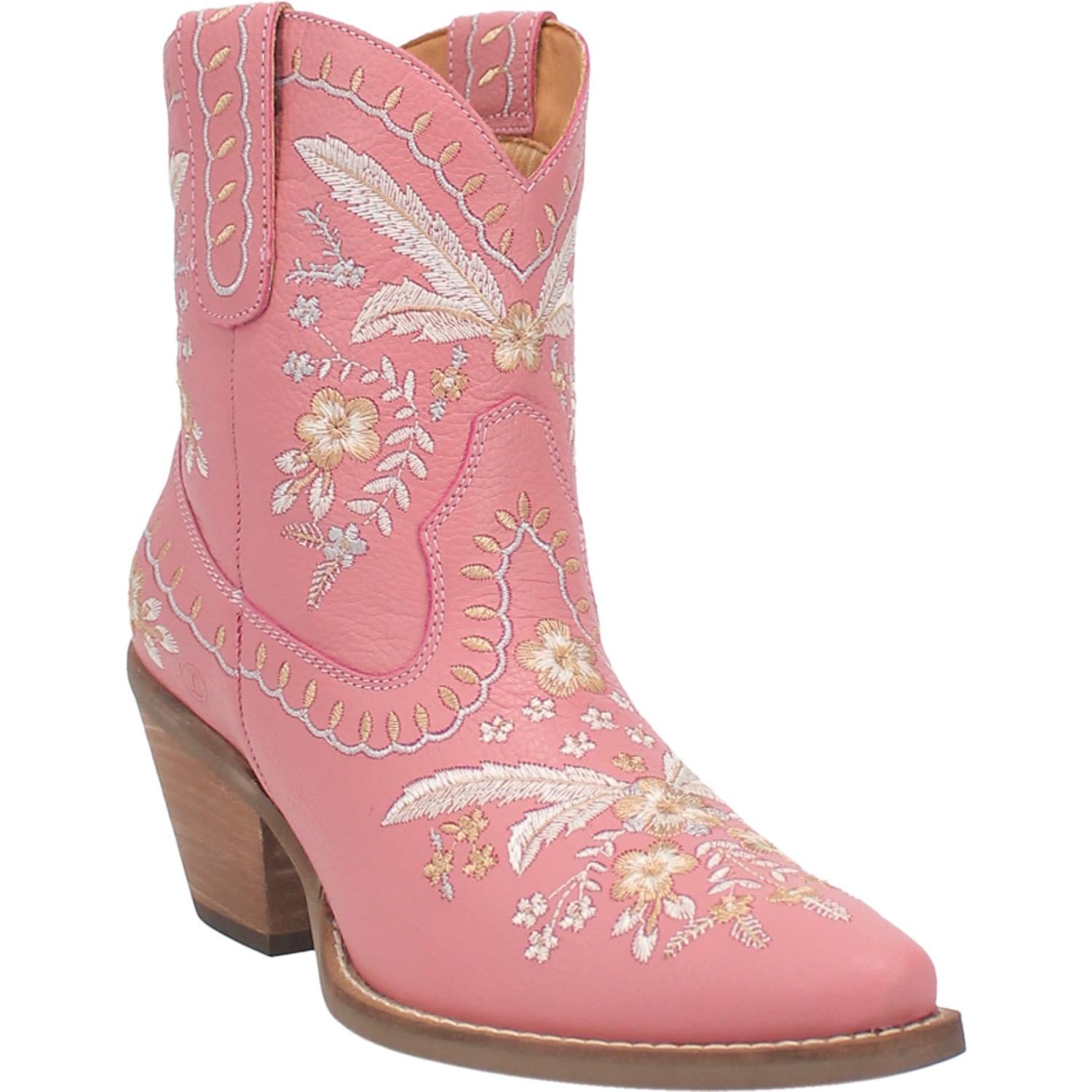 Primrose Pink Leather Boots w/ Stitched Floral Designs (DS)