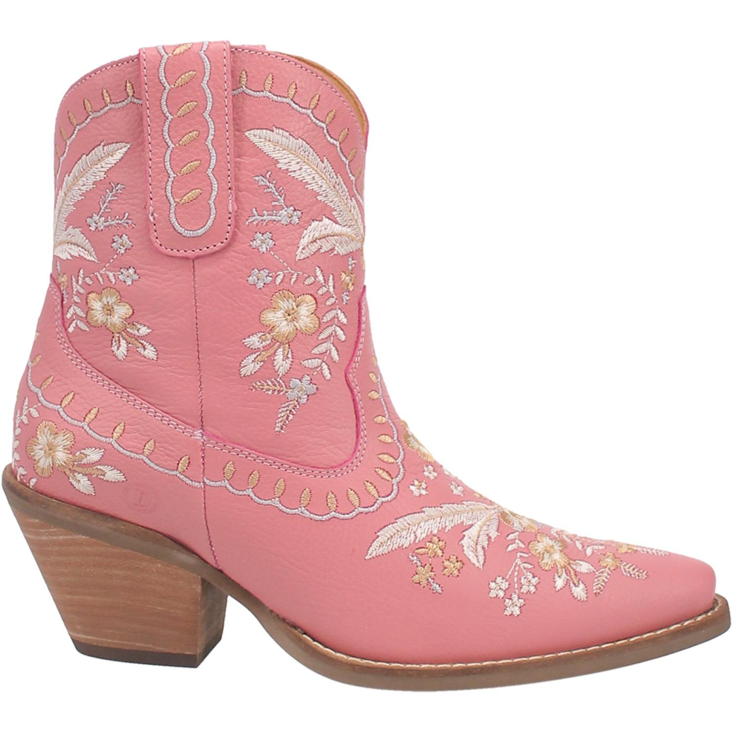 Primrose Pink Leather Boots w/ Stitched Floral Designs (DS)