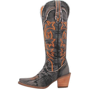 Texas Tornado Distressed Black Denim Embroidered Knee High Boots (DS)