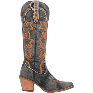 Texas Tornado Distressed Black Denim Embroidered Knee High Boots (DS)