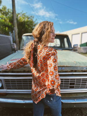 Going To California Large Poppy Flower Zipper Front Blouse