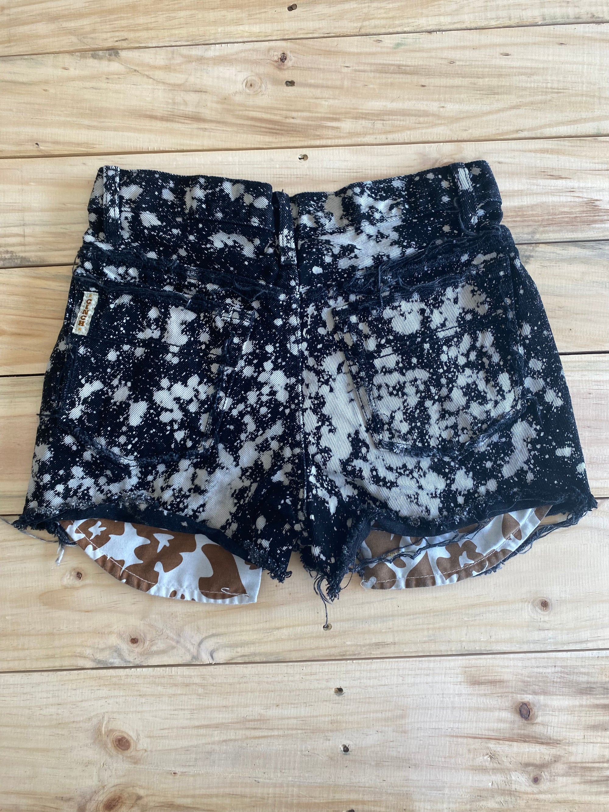 Vintage Reworked Cinch Black With Bleach Splatter Shorts ~ Size 27/36 ~ Queen Bee’s Closet #1161